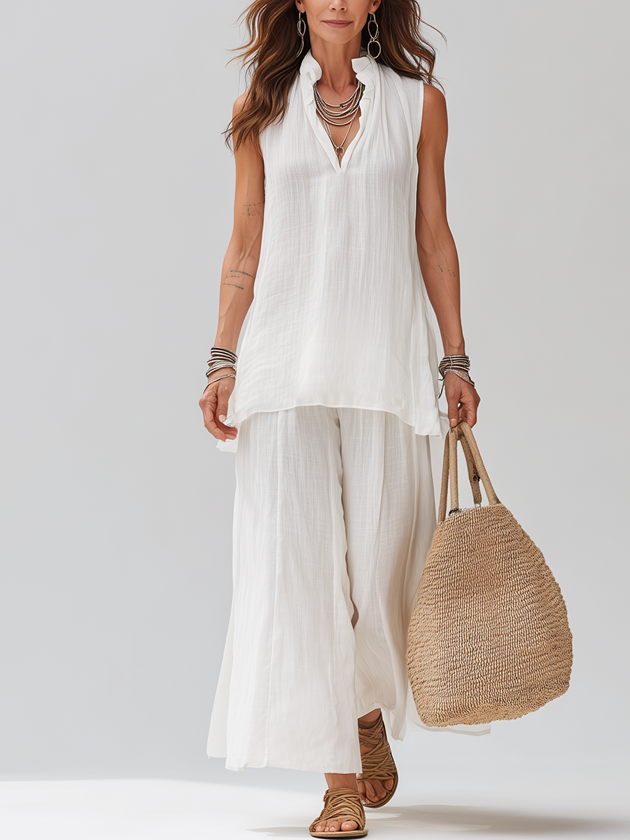 Chelsea Monroe ™ | White Sleeveless Linen Top And Wide-leg Pants Suit