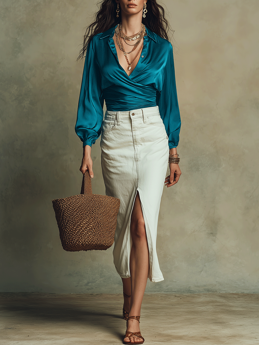 Chelsea Monroe ™ | Effortless Boho Wrap Shirt And Pencil Skirt Set