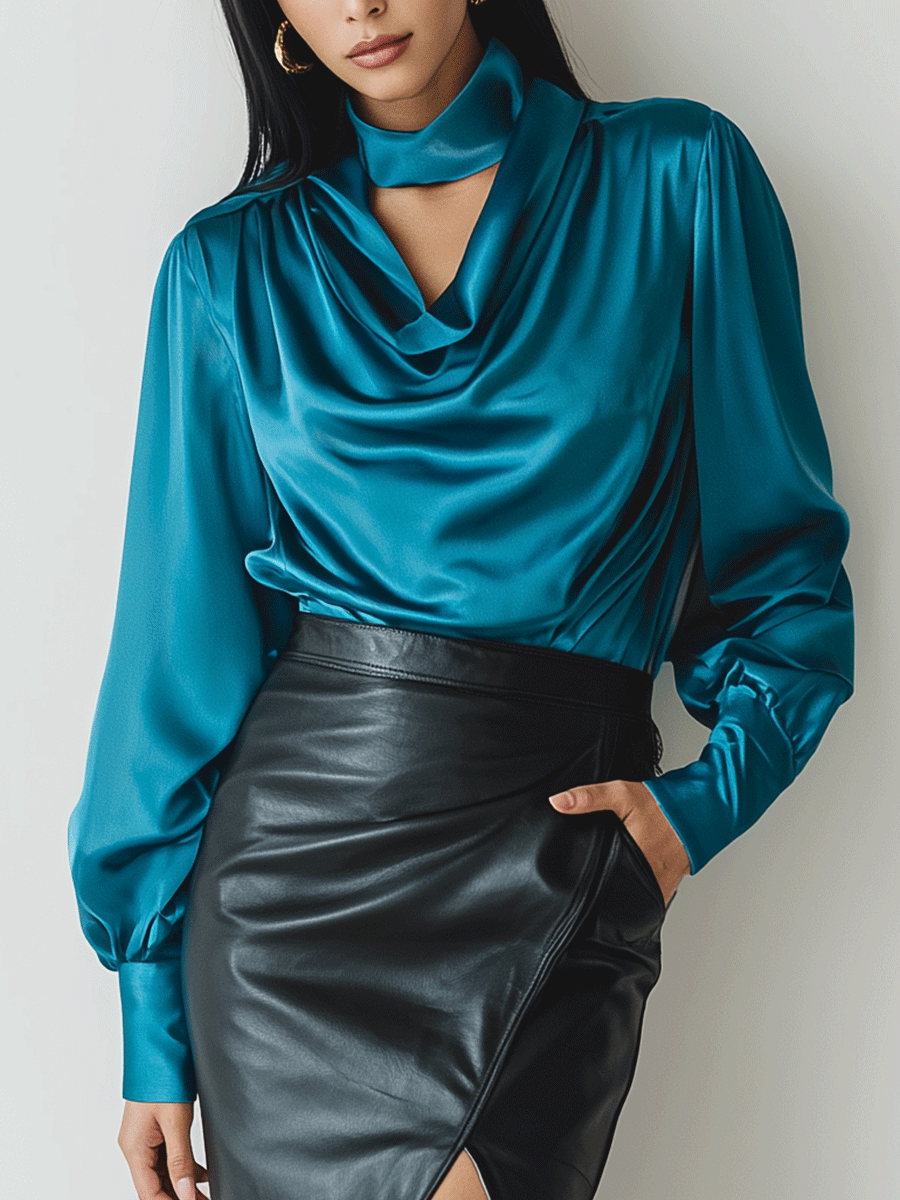 Chelsea Monroe ™ | Chic Satin Drape Blouse & Leather Slit Skirt Set
