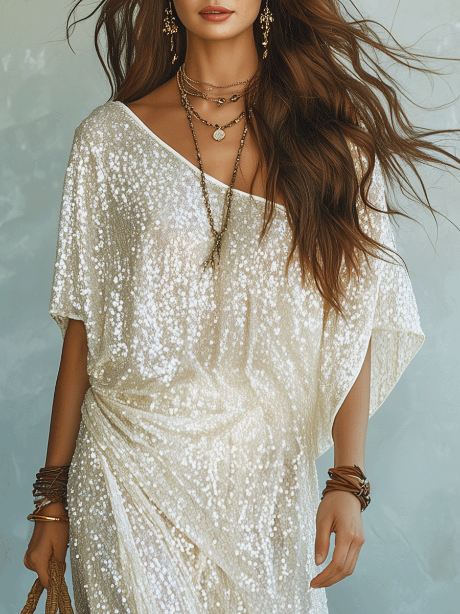 Chic Sequin Wrap Maxi Dress In Ivory