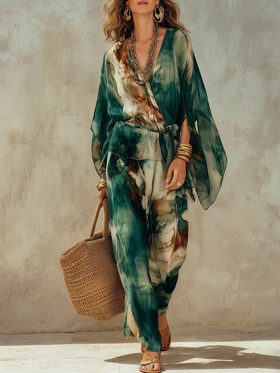 Chelsea Monroe ™ | Bohemian Green Tie-dye Batwing Sleeve Top And Pants Set