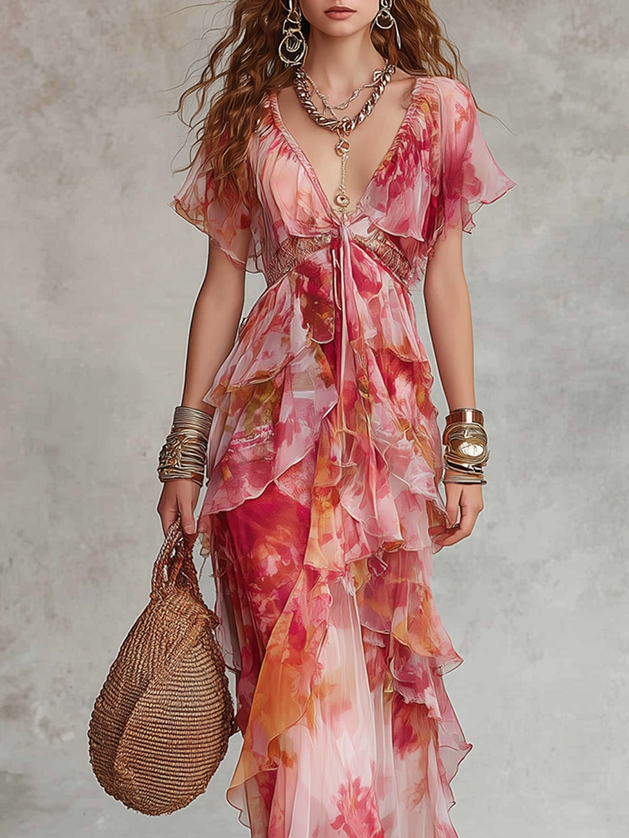 Bohemian Floral Ruffle Dress