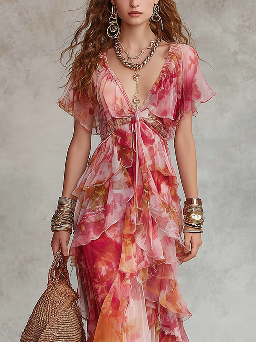 Bohemian Floral Ruffle Dress
