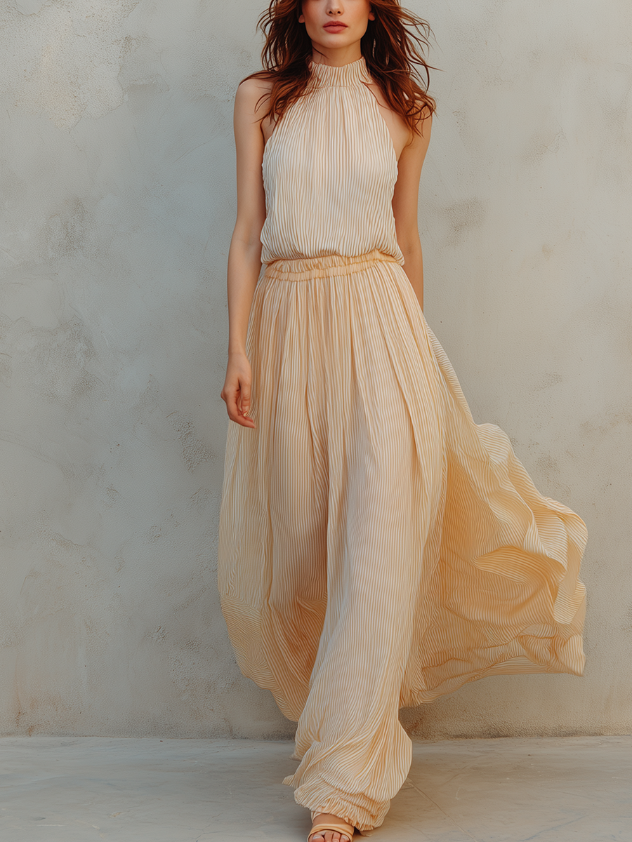 Chelsea Monroe ™ | Cream Yellow Striped Halter Top And Skirt Set