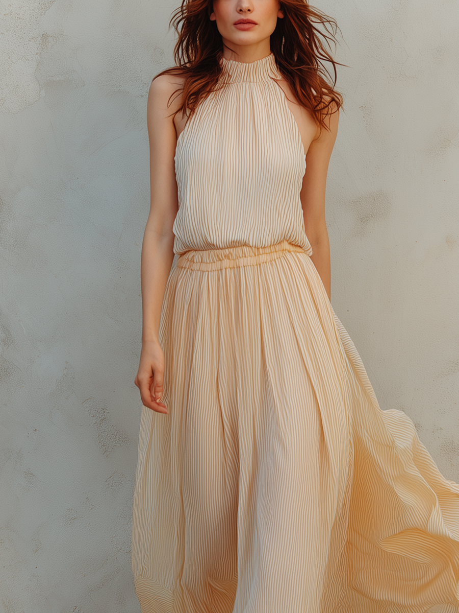 Chelsea Monroe ™ | Cream Yellow Striped Halter Top And Skirt Set