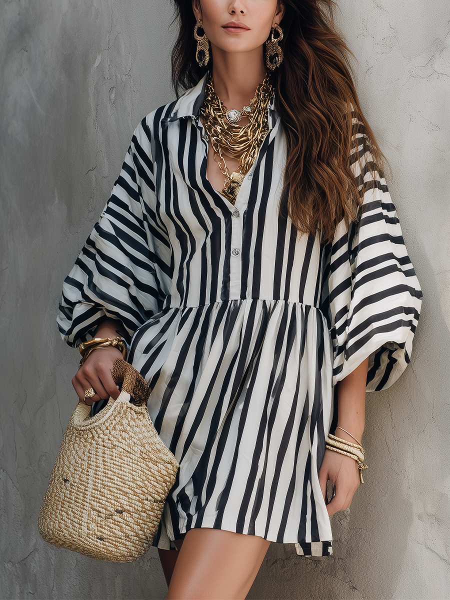 Bohemian Striped Puff Sleeve Mini Dress