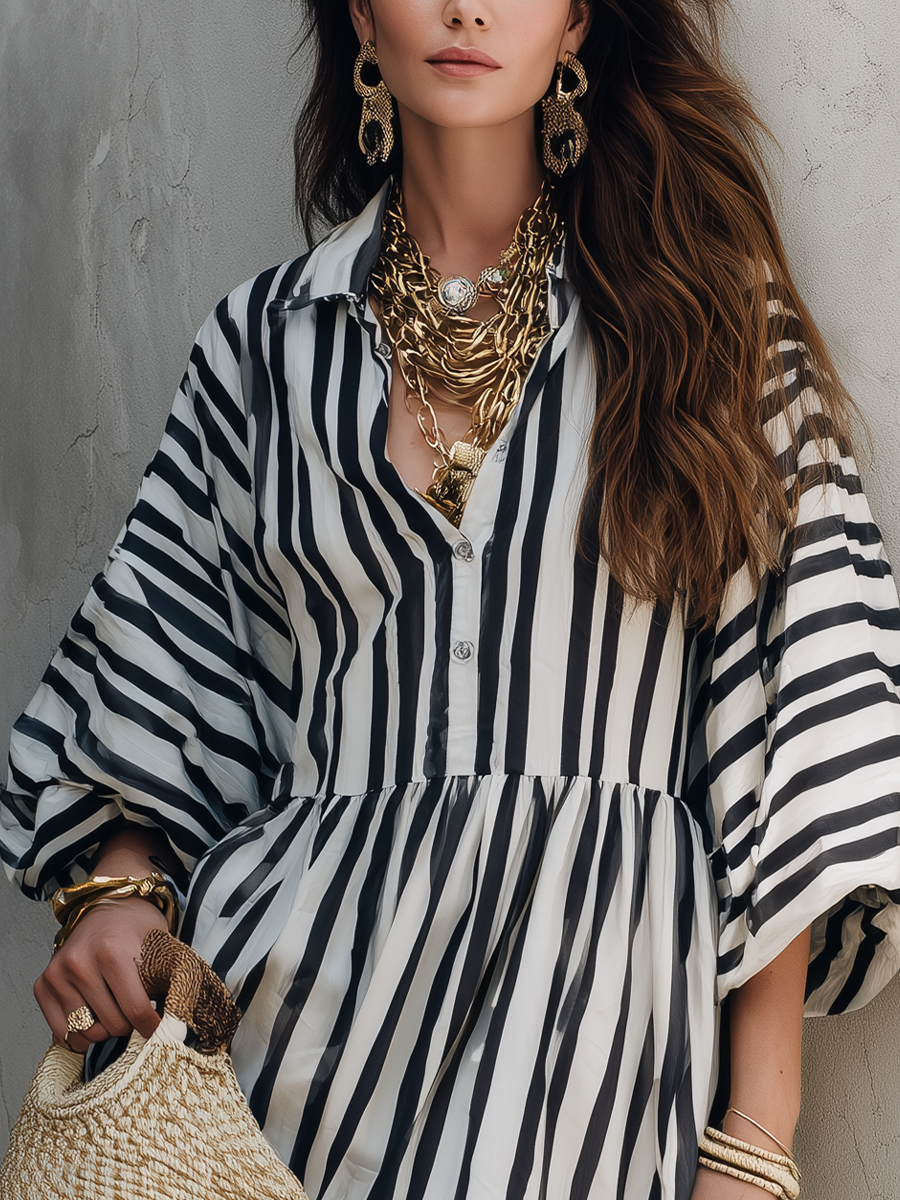 Bohemian Striped Puff Sleeve Mini Dress