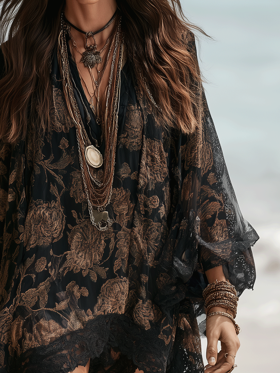 Bohemian Sheer Floral Lace Kaftan Mini Dress