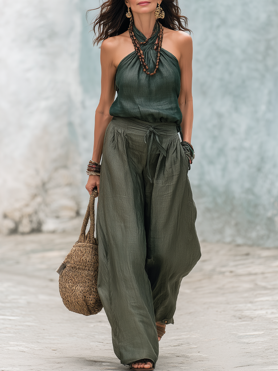 Chelsea Monroe ™ | Bohemian Dark Green Linen Halter Top And Wide-leg Pants Suit