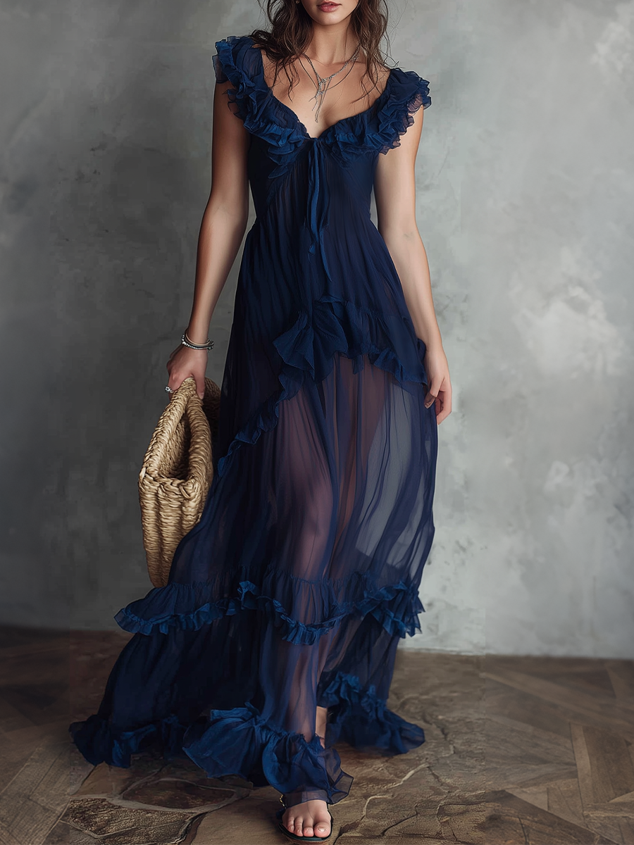 Elegant Sheer Ruffle Trim Maxi Dress
