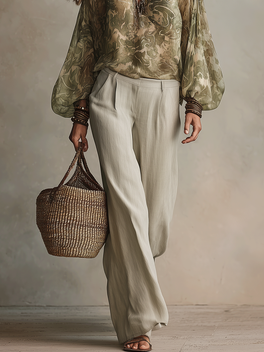 Elegant Sheer Botanical Blouse With Relaxed Tailored Pants Set