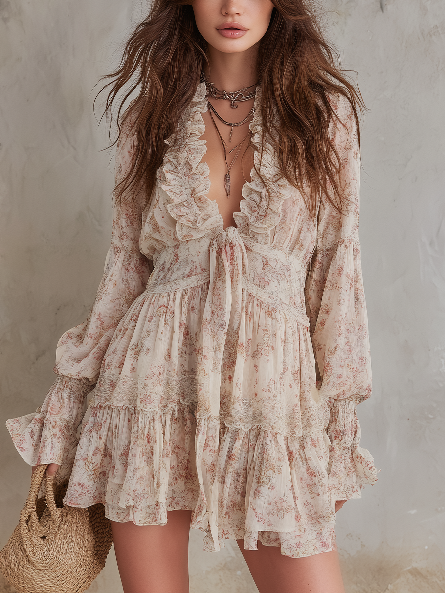 Romantic Ruffle Tie-Front Mini Dress