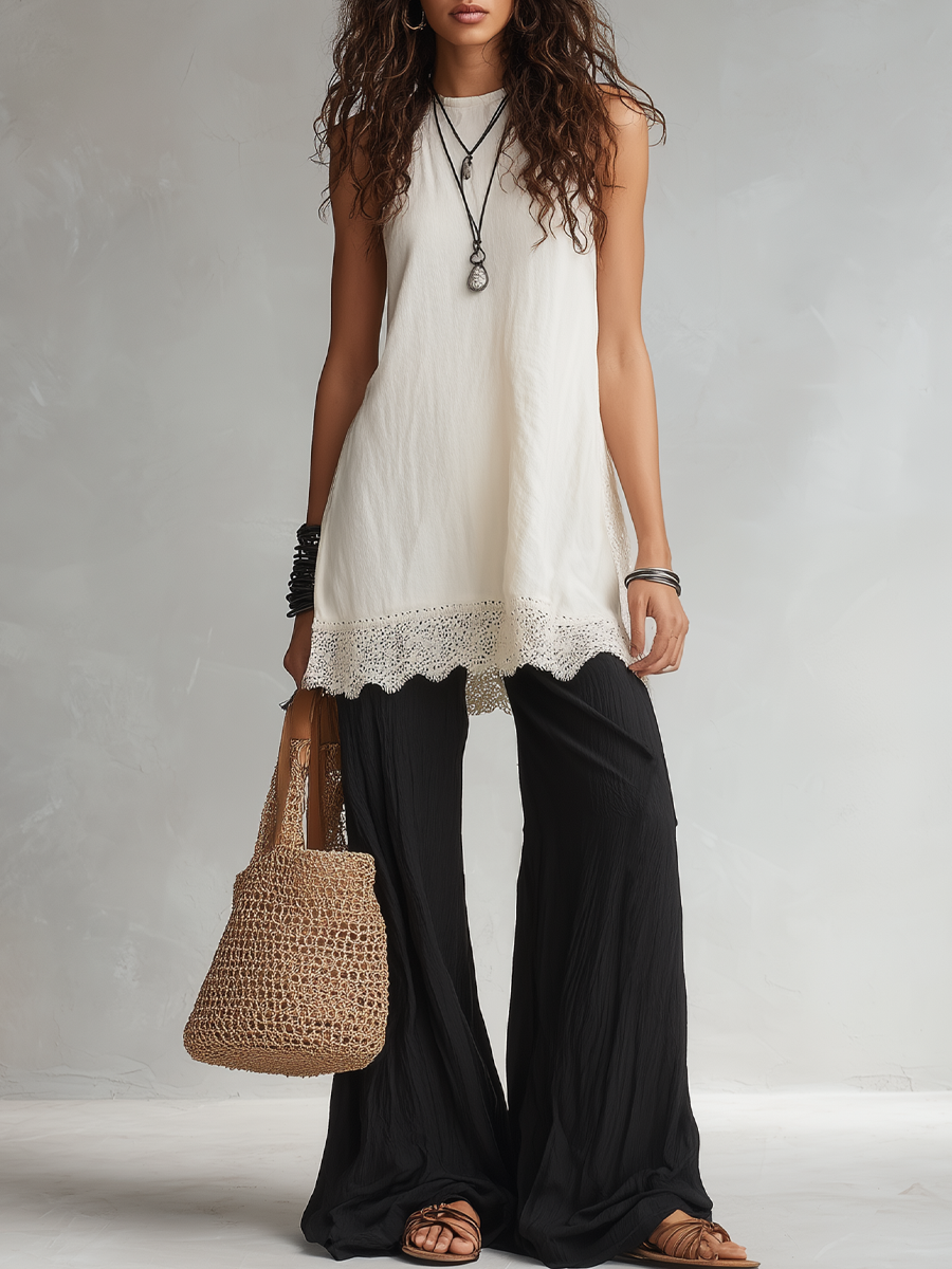 Chelsea Monroe ™ | Refined Lace-Hem Sleeveless Tunic & Wide-Leg Pants Set
