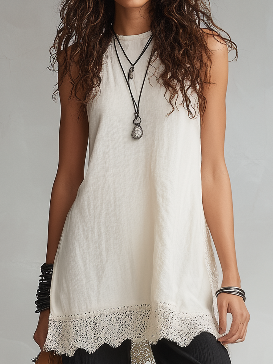 Chelsea Monroe ™ | Refined Lace-Hem Sleeveless Tunic & Wide-Leg Pants Set