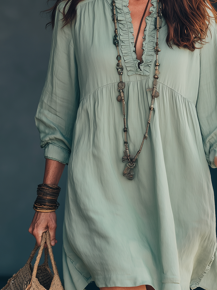 Mint Green Ruffled Lantern Sleeve Linen Dress