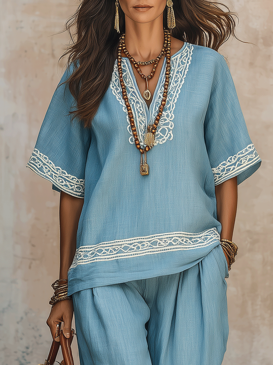 Chelsea Monroe ™ | Effortless Boho Embroidered Linen Two-Piece Sky Blue Set