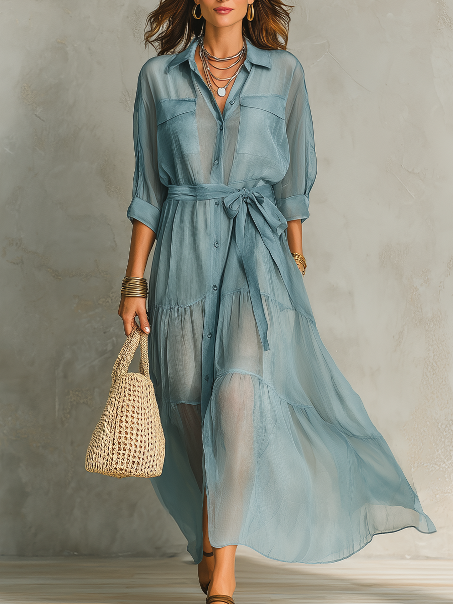 Flowing Sheer Belted Maxi Dress