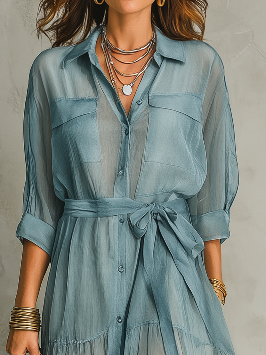 Flowing Sheer Belted Maxi Dress