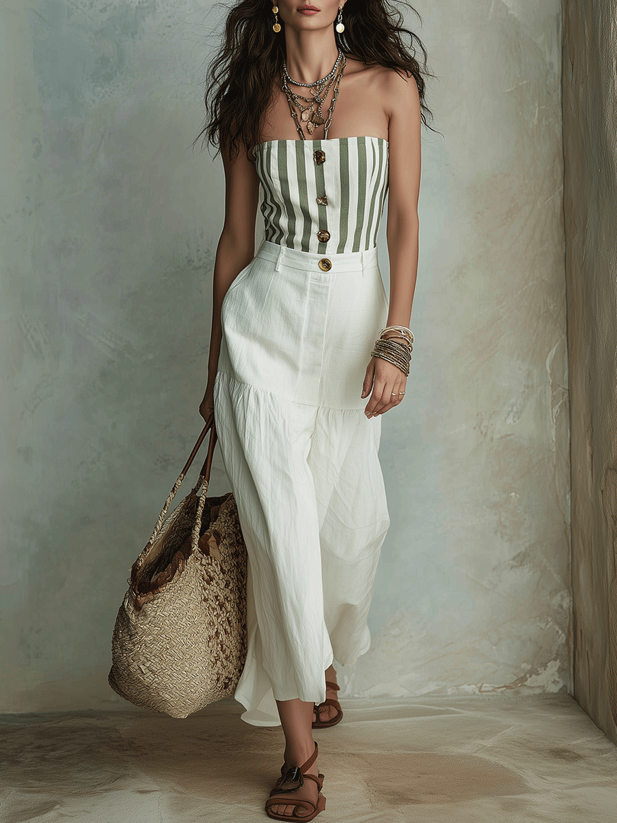 Chelsea Monroe ™ | Effortless Boho Striped Strapless Top & White Maxi Skirt Set