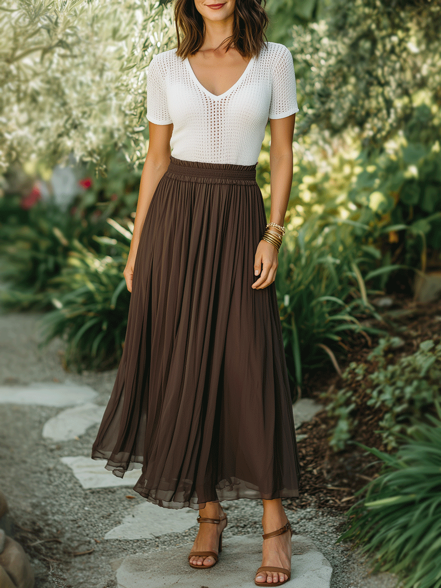 Chelsea Monroe ™ | Elegant Brown & Ivory Knit Top & Pleated Maxi Skirt Set