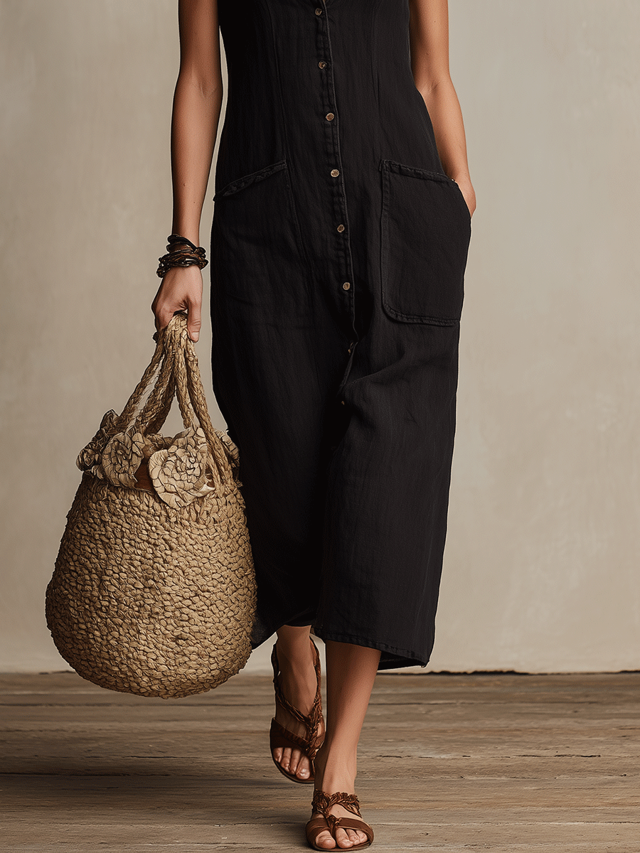 Effortless Boho Black Embroidered Button-Front Midi Dress