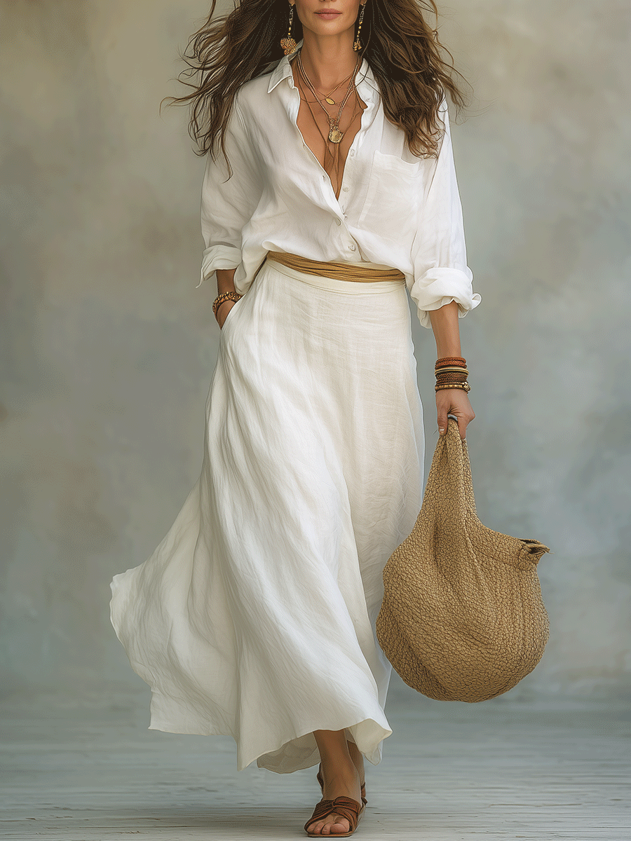 Chelsea Monroe ™ | Effortless Boho White Linen Shirt & Maxi Skirt Set