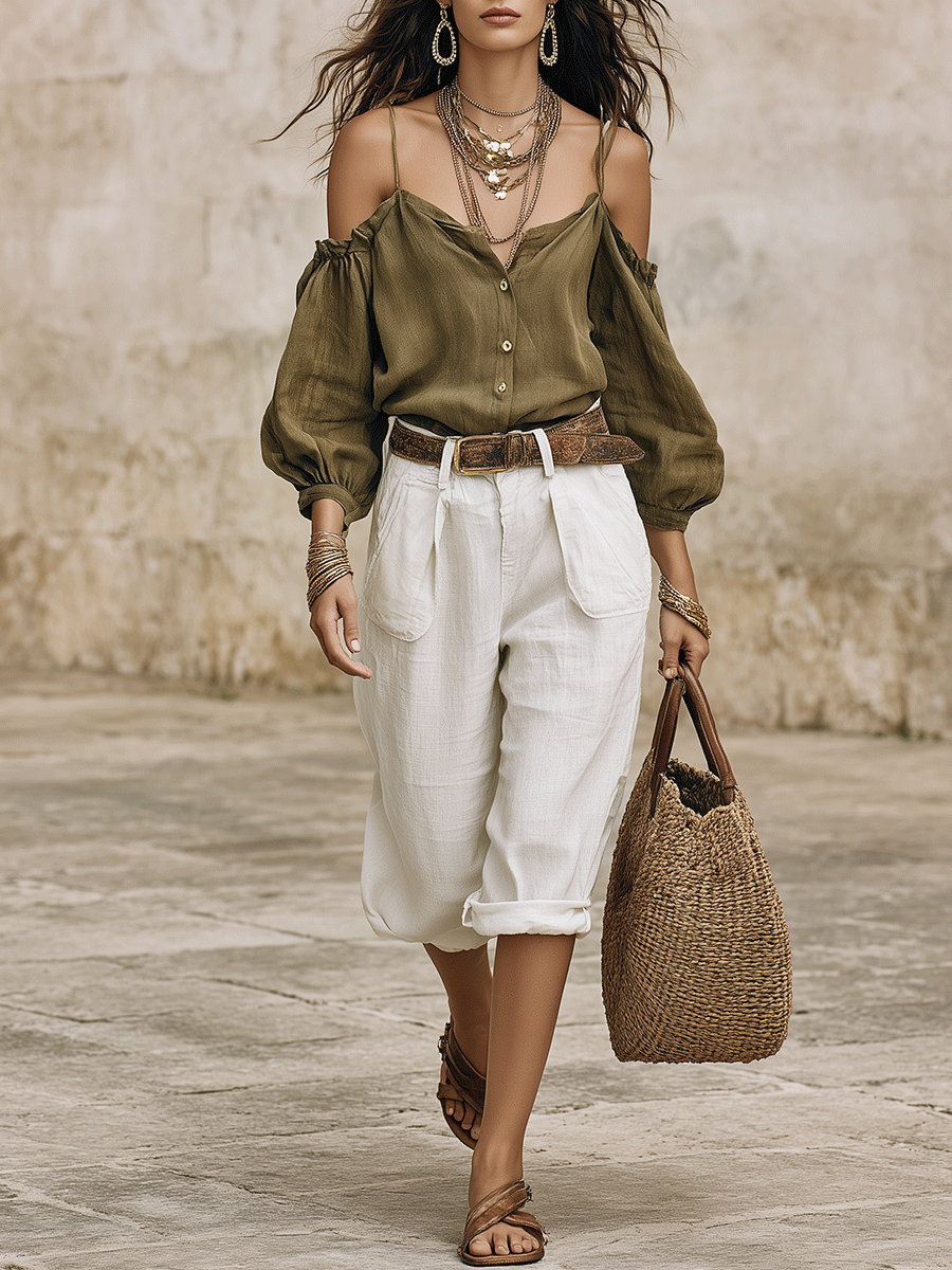 Chelsea Monroe ™ | Effortless Boho Off-Shoulder Olive Top & White Pants Set