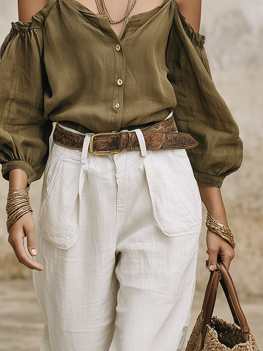 Chelsea Monroe ™ | Effortless Boho Off-Shoulder Olive Top & White Pants Set