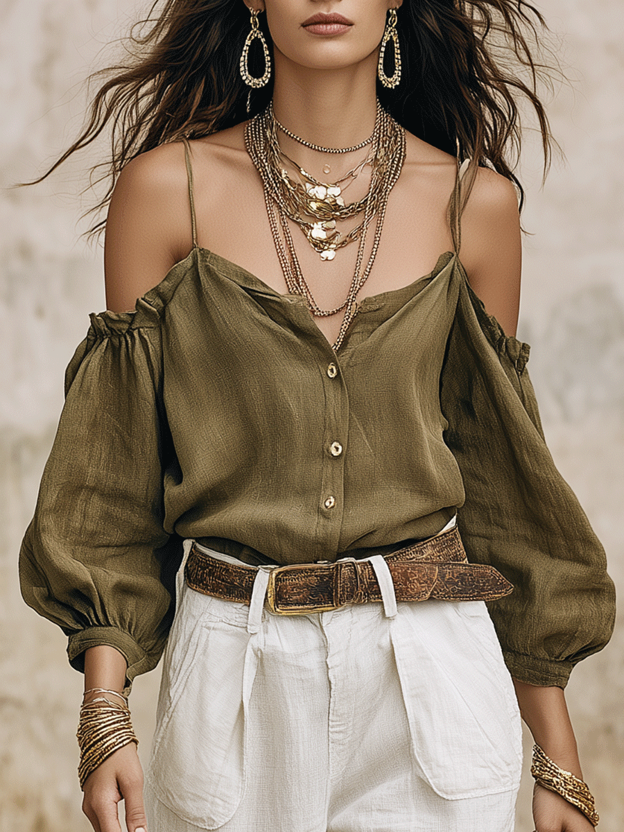 Chelsea Monroe ™ | Effortless Boho Off-Shoulder Olive Top & White Pants Set