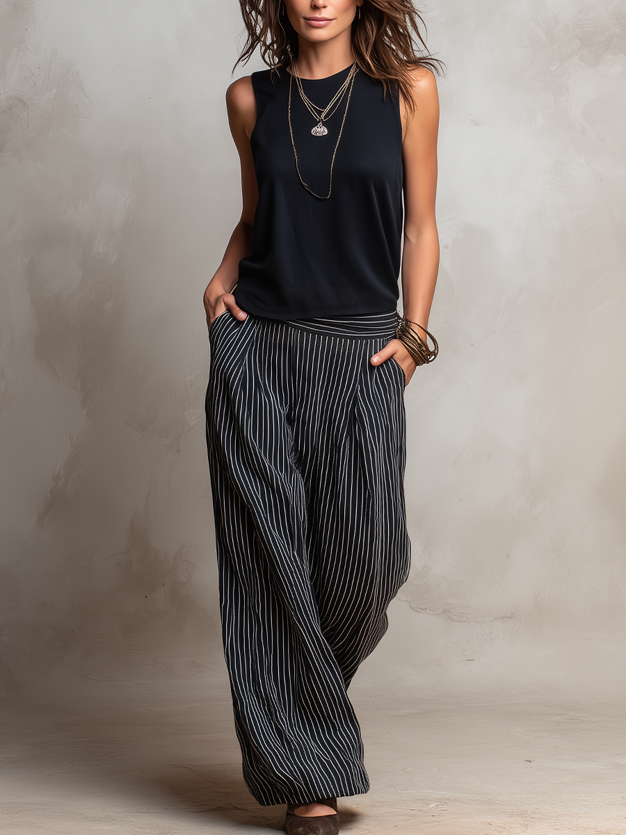 Minimal Sleeveless Stripe Pant Set