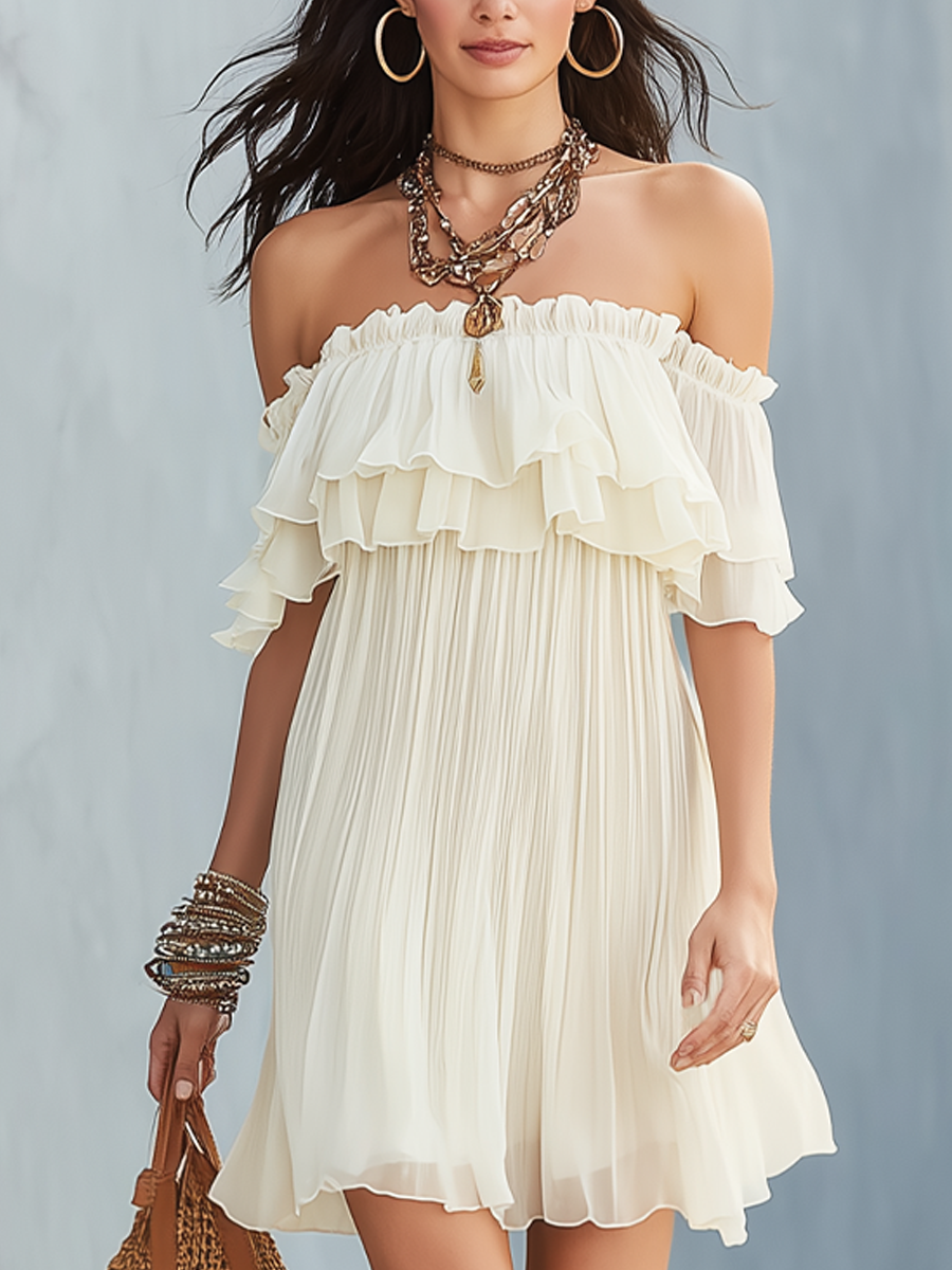 Bohemian Off-white Pleated Chiffon Dress
