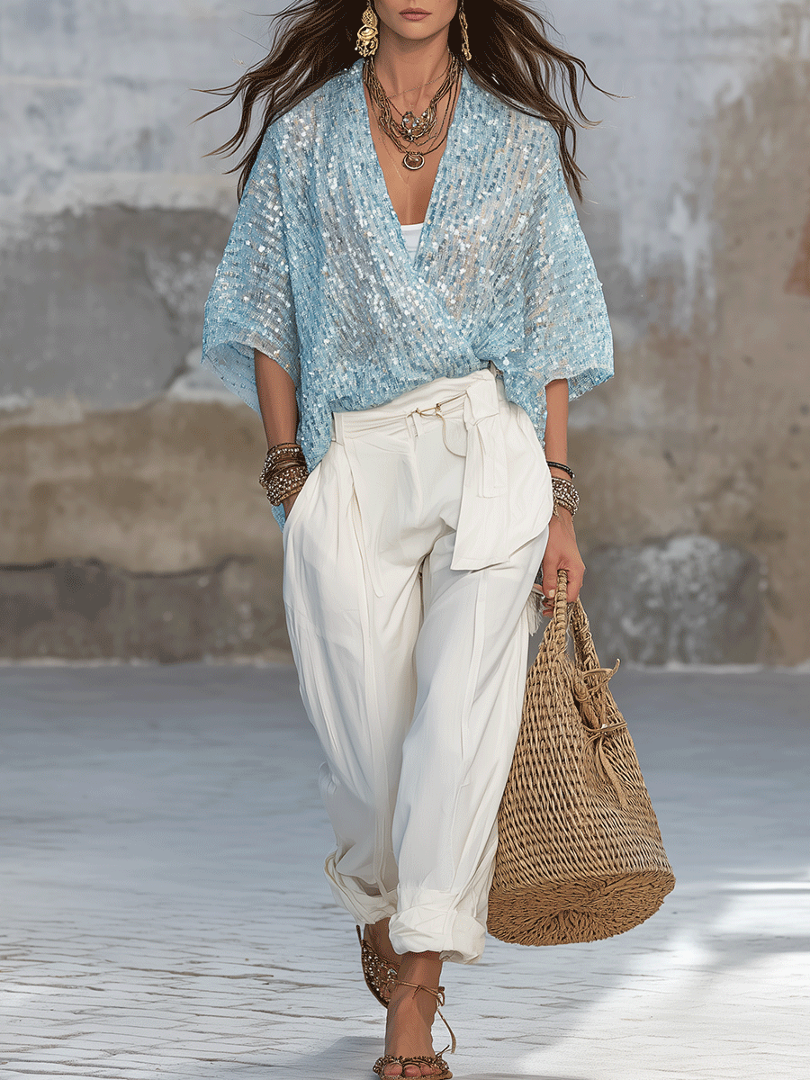 Chelsea Monroe ™ | Chic Boho Light Blue Sequin Top With Relaxed White Tie-Waist Pants