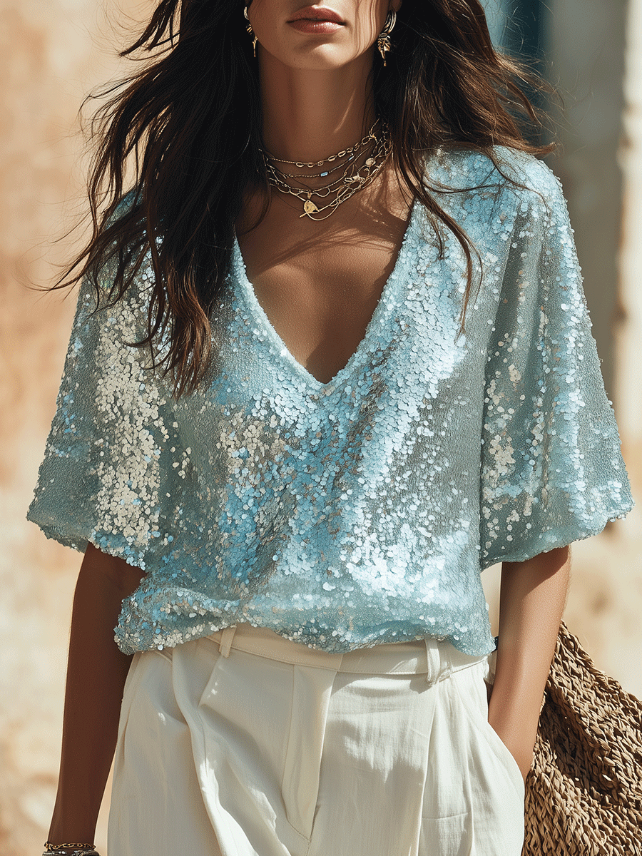 Effortless Boho Sky Blue Sequin V-Neck Top