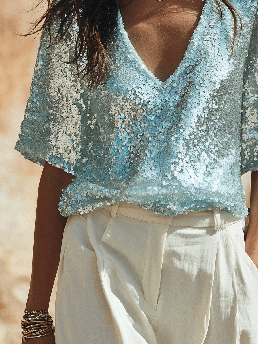 Effortless Boho Sky Blue Sequin V-Neck Top