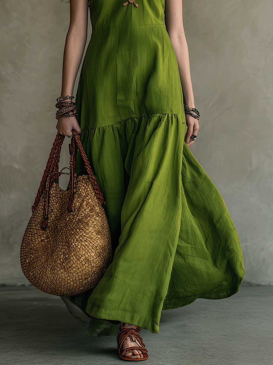 Effortless Boho Vibrant Olive Green Halter Maxi Dress