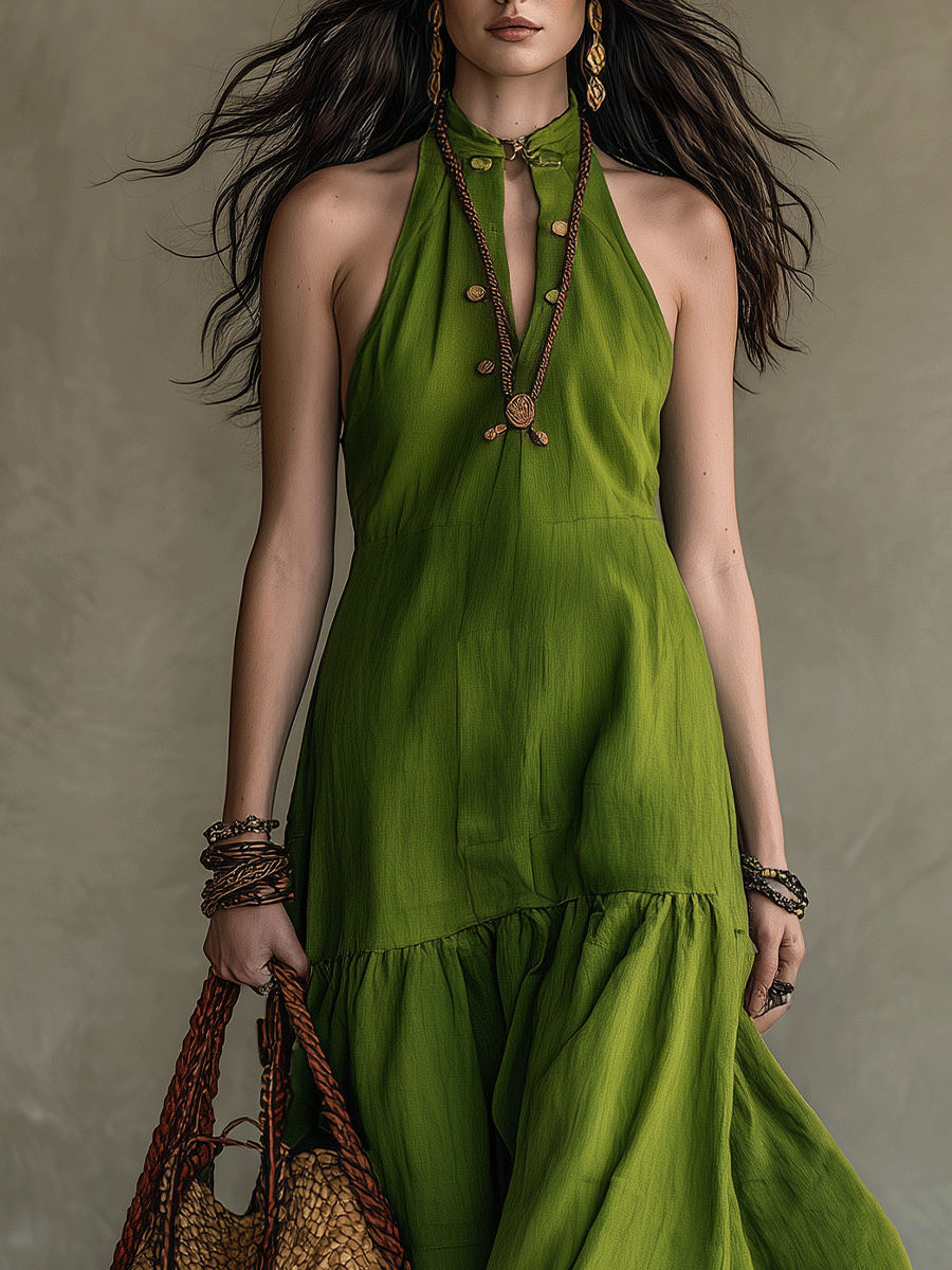Effortless Boho Vibrant Olive Green Halter Maxi Dress