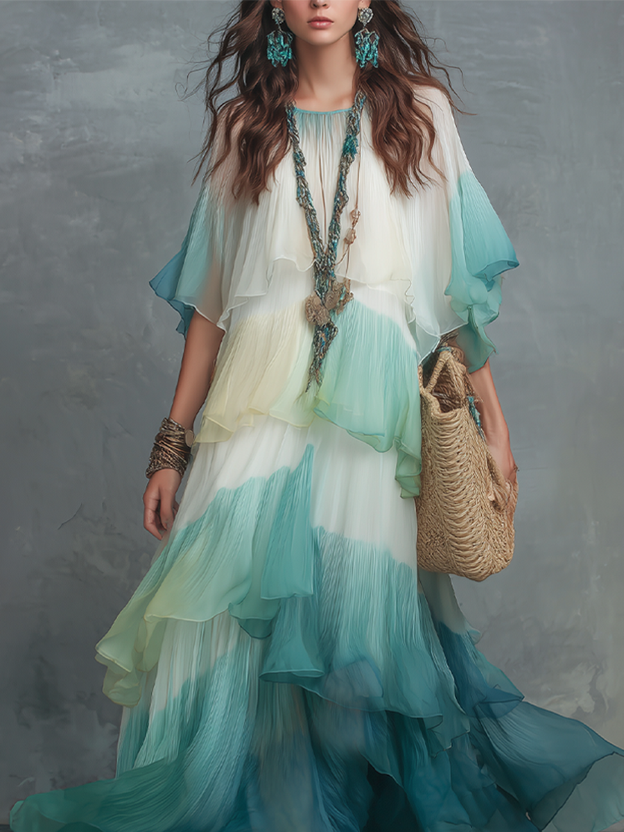 Resort-style Gradient Blue And White Chiffon Ruffled Maxi Dress