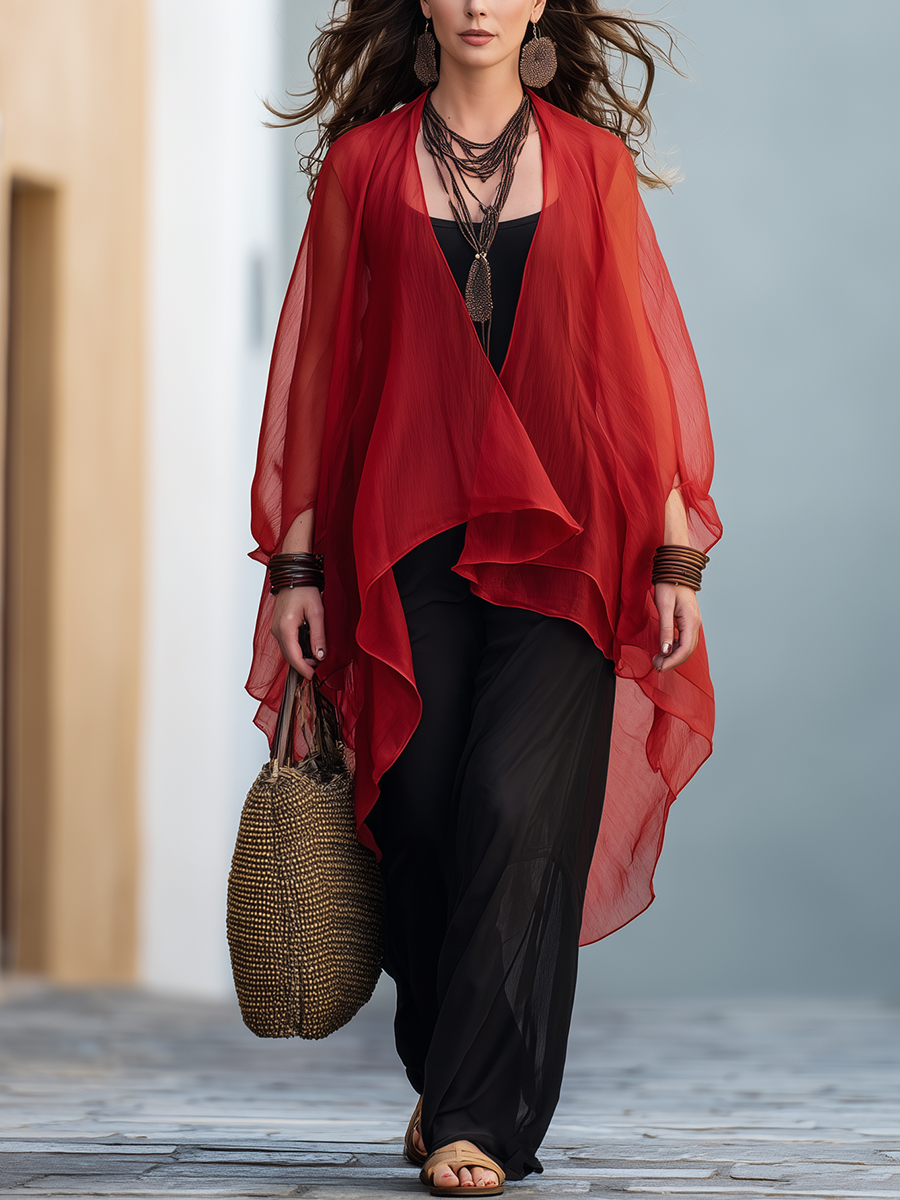 Chelsea Monroe ™ | Resort-style Red Chiffon Cardigan And Black Slip Dress Set