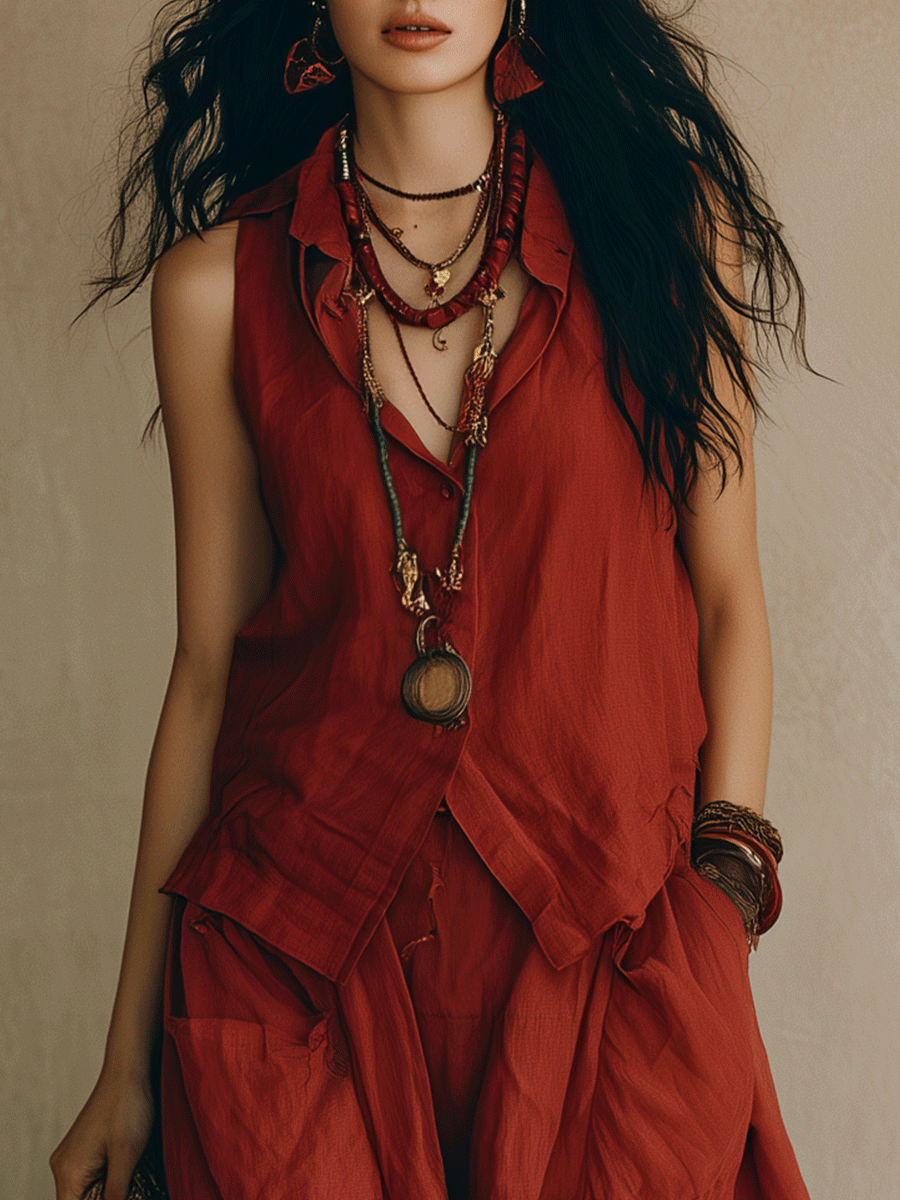 Chelsea Monroe ™ | Effortless Bohemian Loose Fit Terracotta Red Top And Trousers
