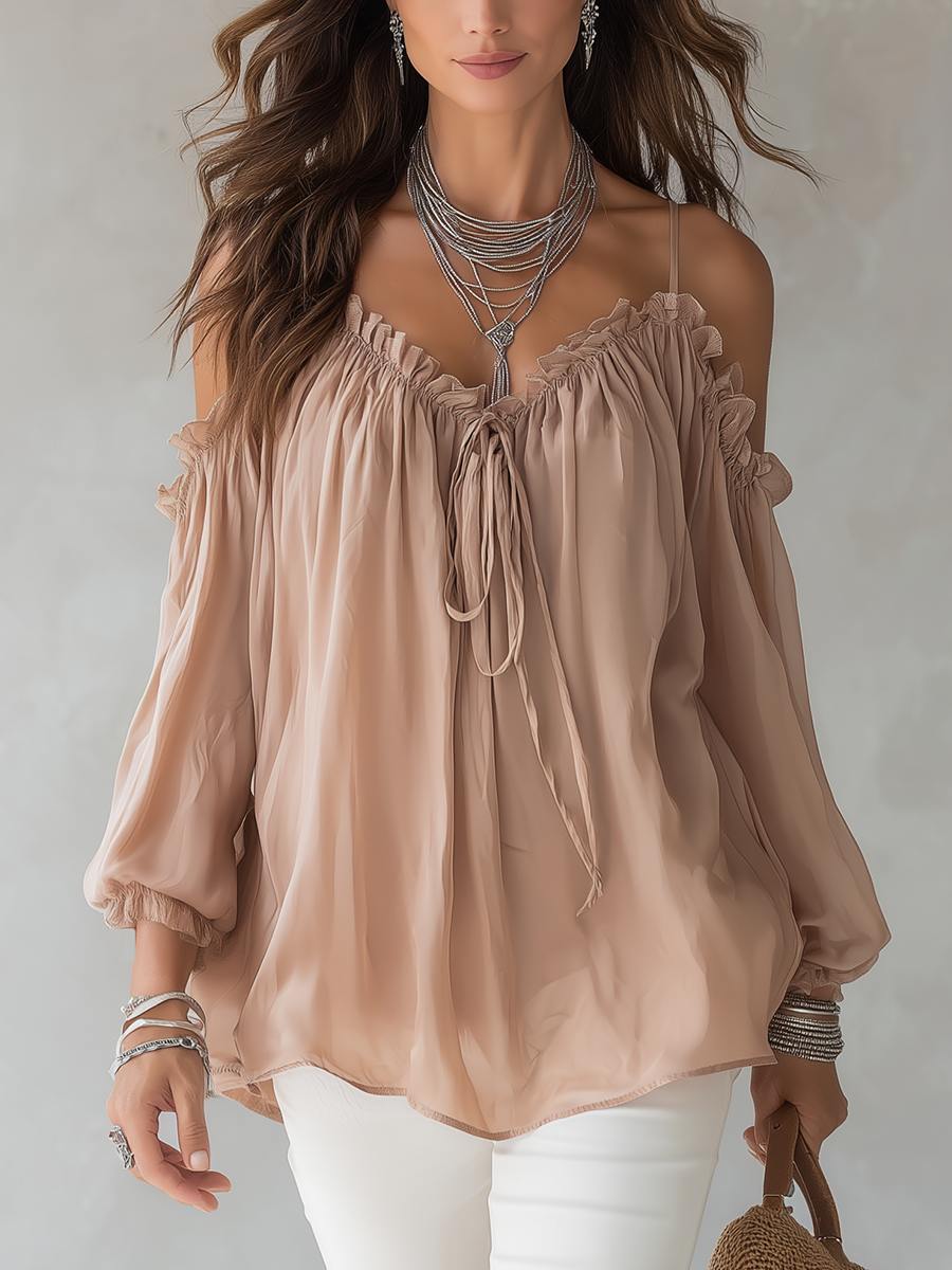 Soft Apricot Off-Shoulder Tie Blouse
