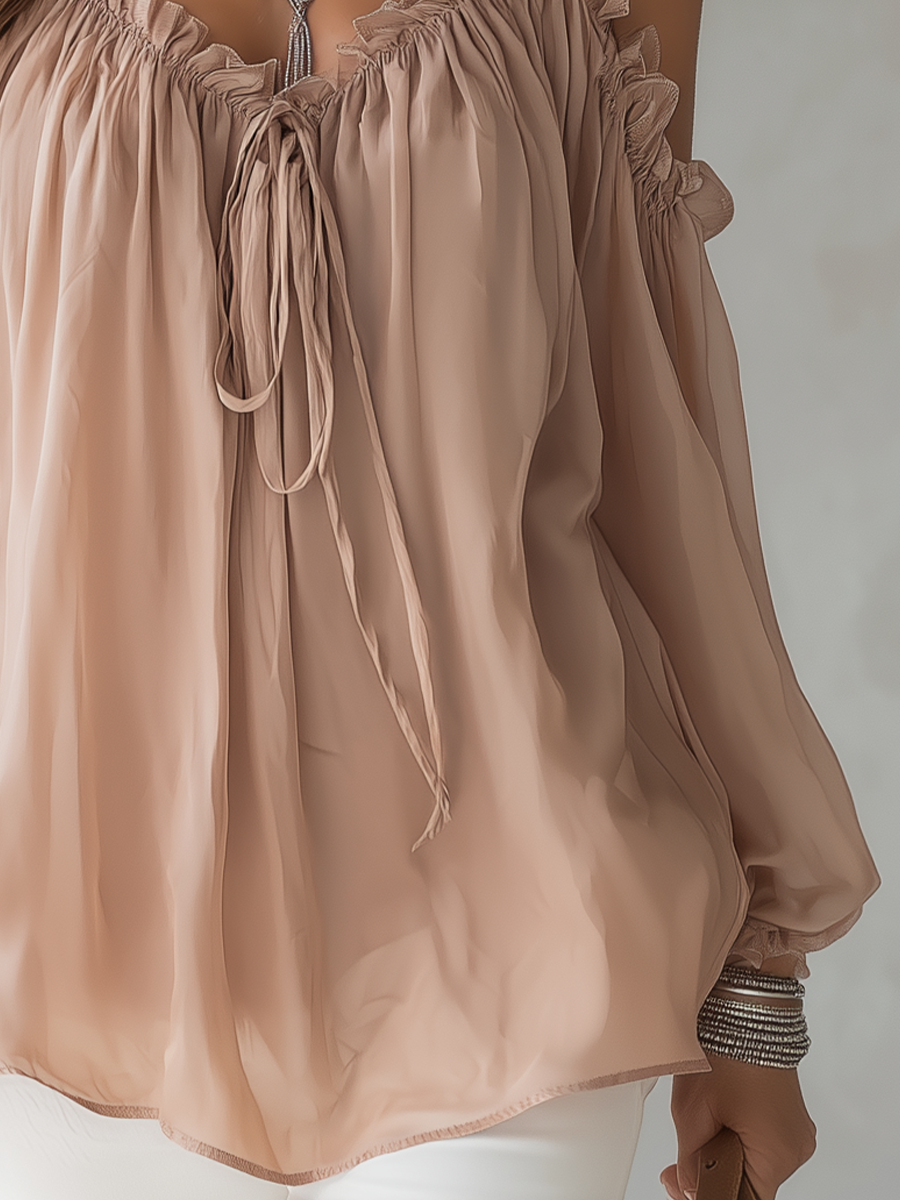 Soft Apricot Off-Shoulder Tie Blouse
