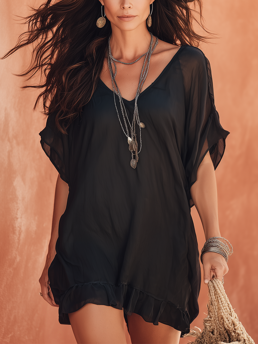 Chic Black Sheer V-Neck Ruffle Mini Dress