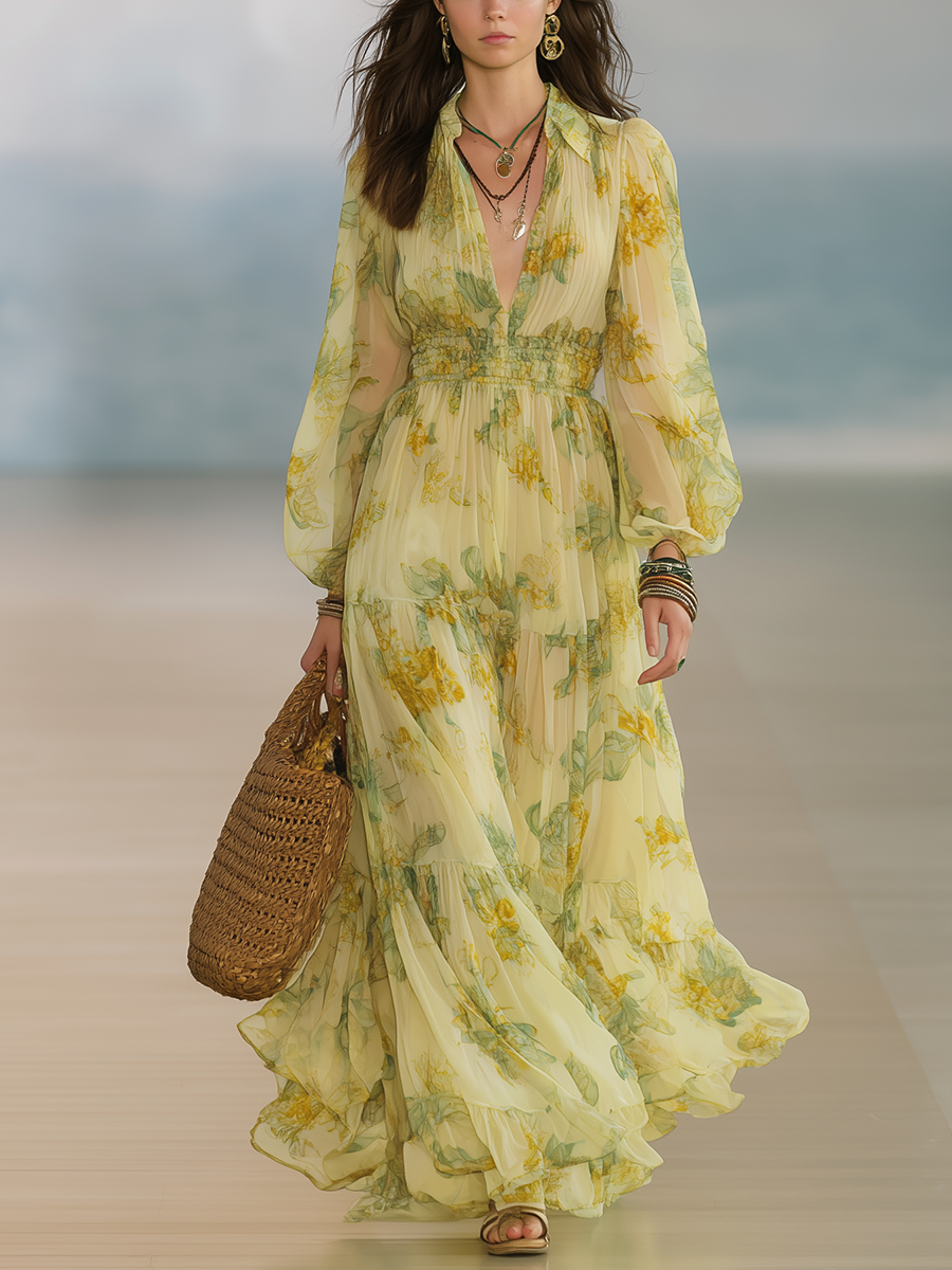 Romantic Boho Lemon Yellow Chiffon Long Sleeve Maxi Dress
