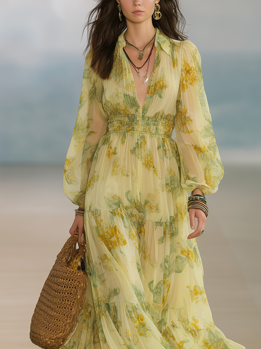 Romantic Boho Lemon Yellow Chiffon Long Sleeve Maxi Dress