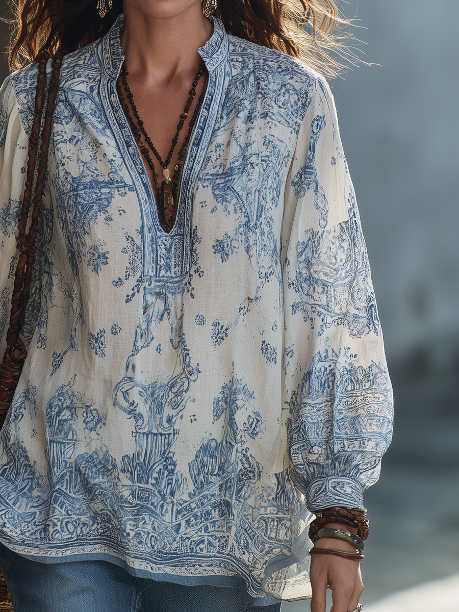 Boho Blue Printed Chiffon Long Sleeve Blouse