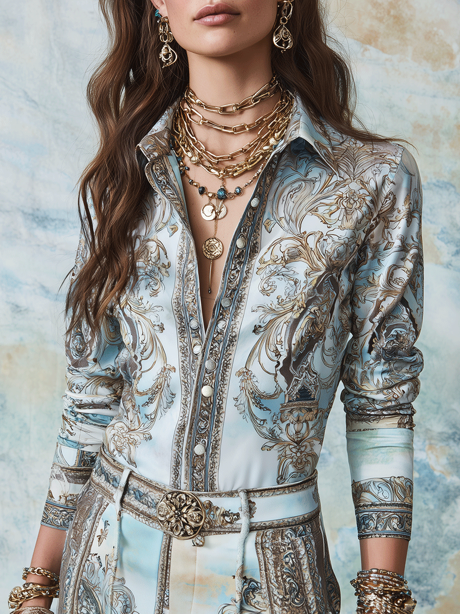Boho Baroque Print Button-Front Slim Fit Shirt Blouse