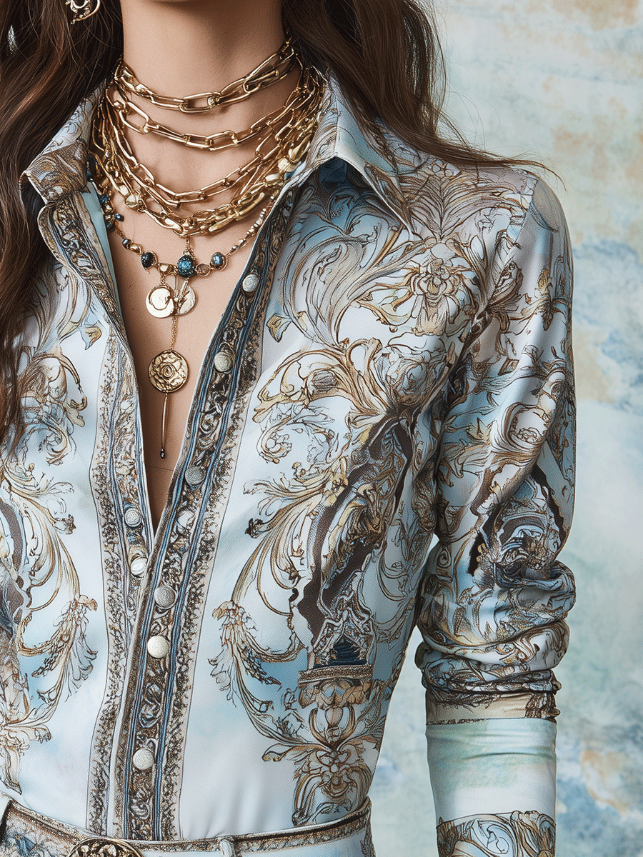 Boho Baroque Print Button-Front Slim Fit Shirt Blouse