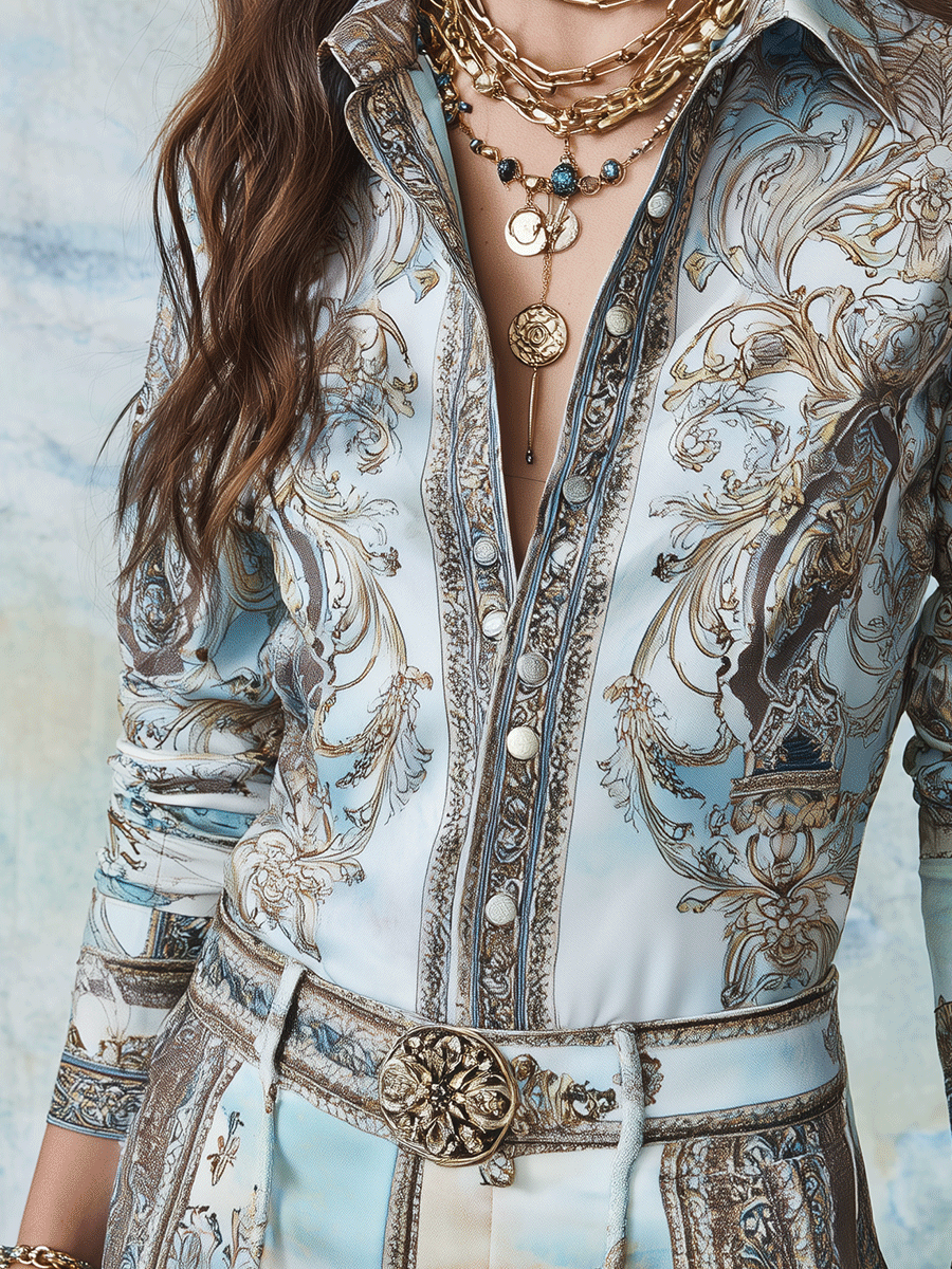 Boho Baroque Print Button-Front Slim Fit Shirt Blouse