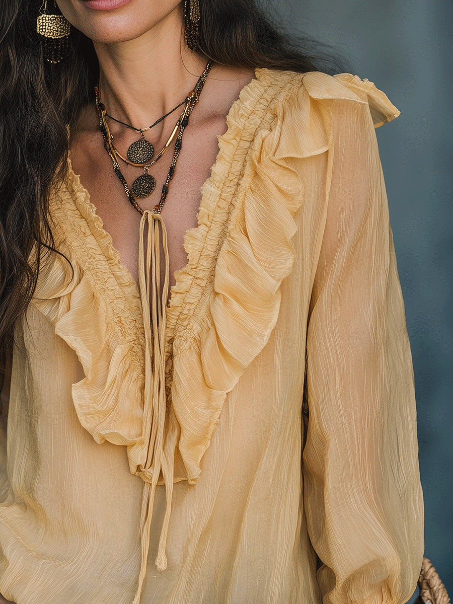 Boho Ruffle Tie-Neck Sheer Long Sleeve Relaxed Fit Blouse