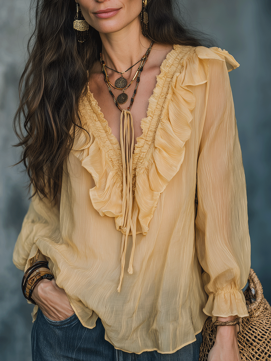 Boho Ruffle Tie-Neck Sheer Long Sleeve Relaxed Fit Blouse